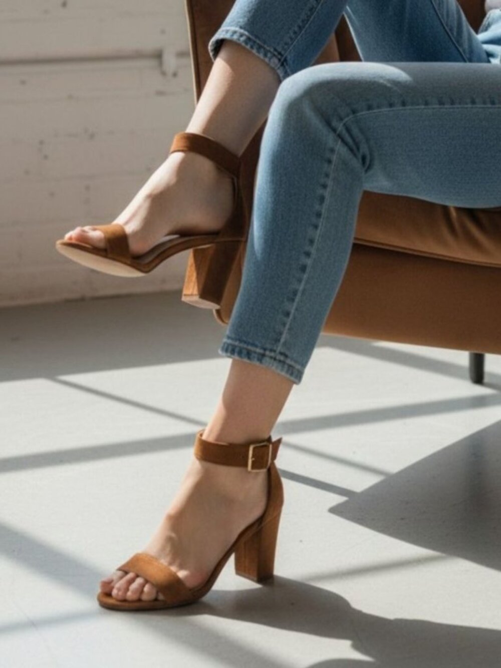 Tan Faux Suede Block Heel Sandals With Adjustable Ankle Strap Open Toe Design Wo